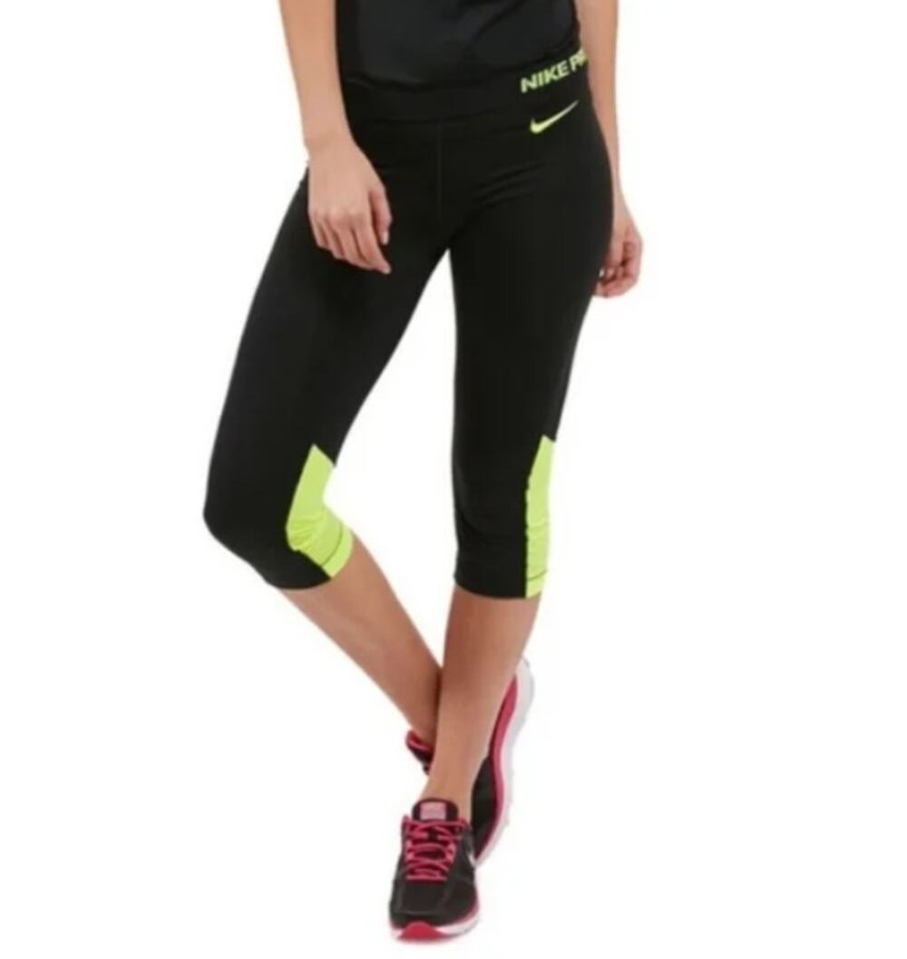 Nike Pro Hypercool Neon Capri Tights Leggings Running Black Neon Yellow L